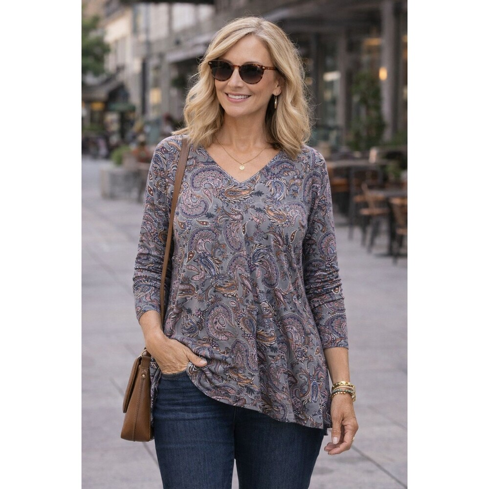J Jill Simply Supima Cotton V-Neck Tunic Top Paisley Gray Womens Medium